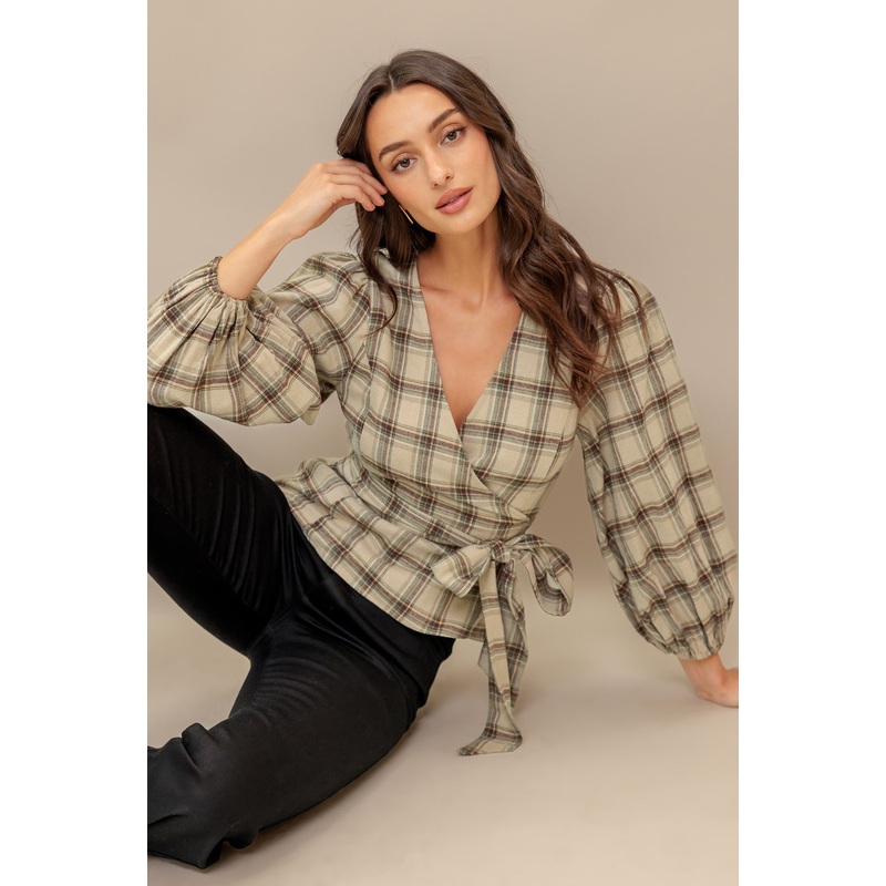LATTE SUNDAY WOVEN PLAID TOP|TAUPE|S|M|L