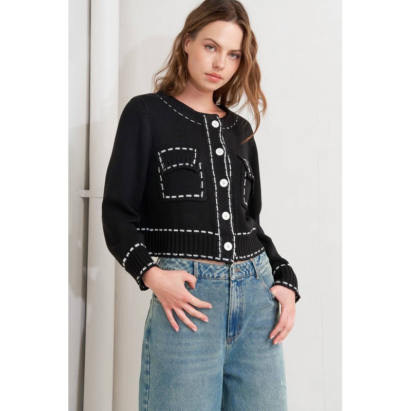 MONO FRAME SWEATER KNIT TOP|BLACK/WHITE|CREAM/NAVY|S|M|L