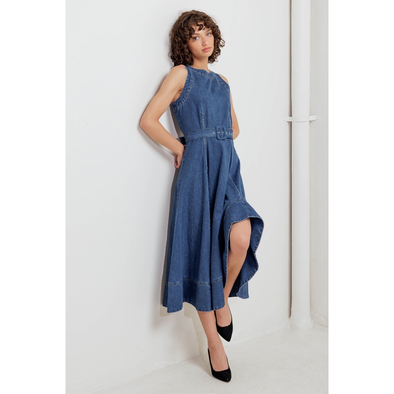 POETS MUSE DENIM WOVEN MIDI DRESS
