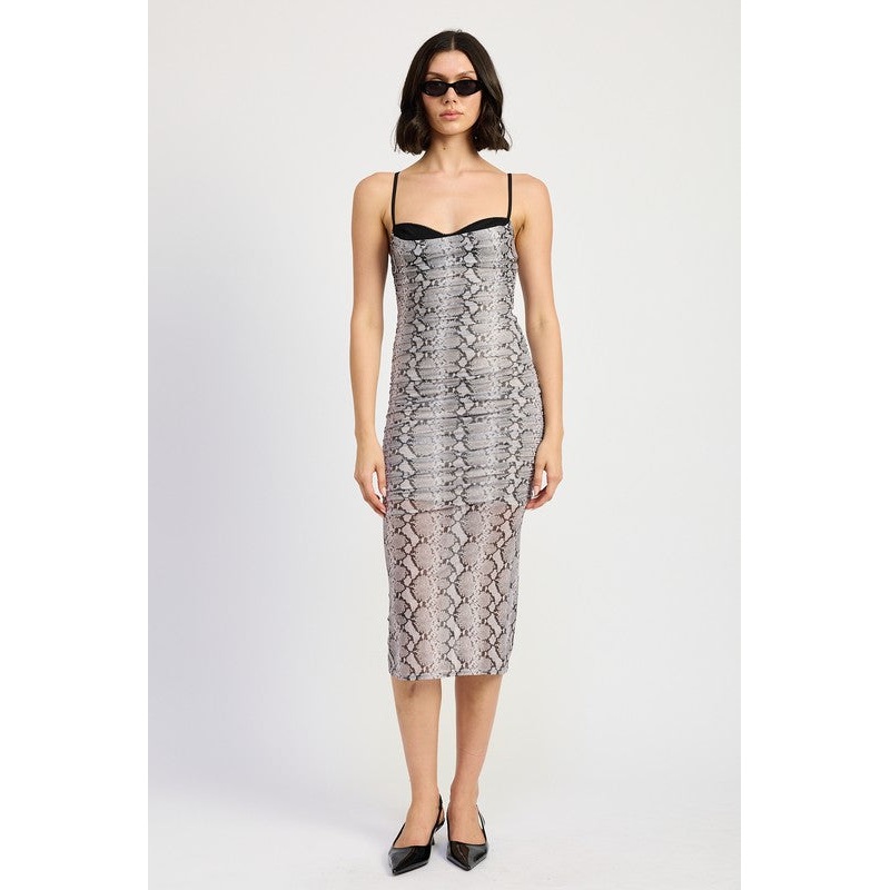 RUCHED BODYCON MIDI DRESS|GREY SNAKE PRINT|S|M|L