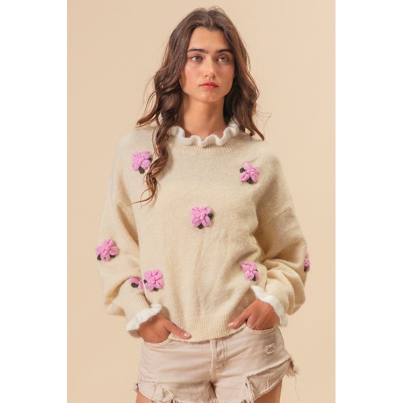 Ruffled Crochet Flower Dropped Shoulder Sweater
