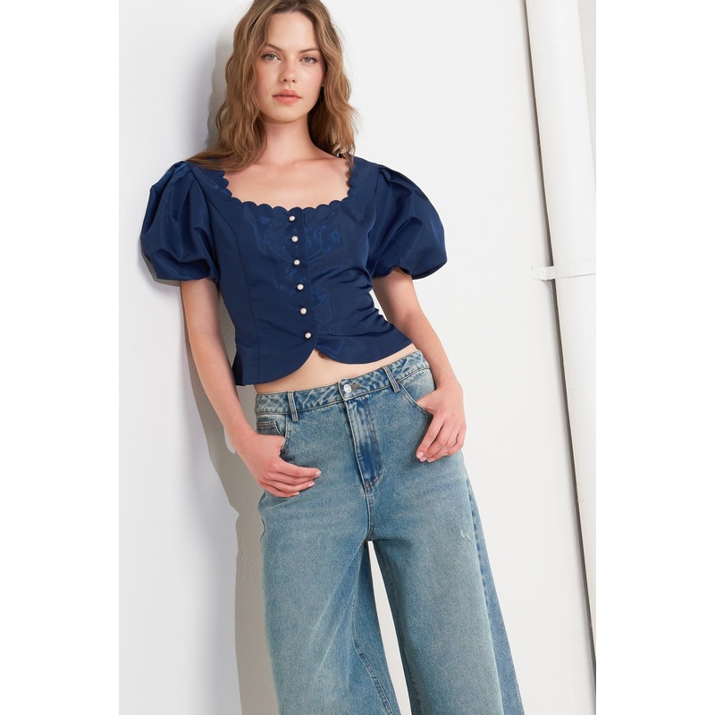 SCALLOP KISS WOVEN TOP|NAVY|S|M|L