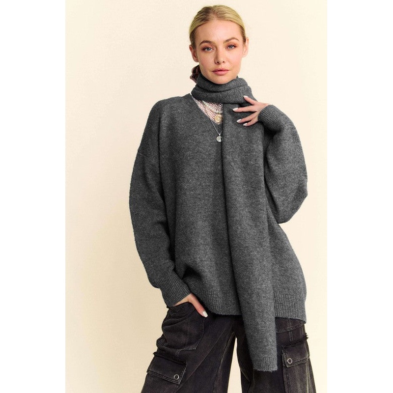 V-Neck Dropped Shoulder Sweater with Scarf Set
