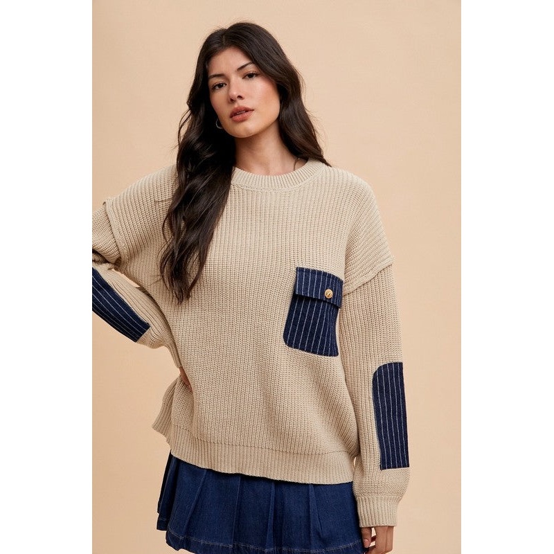 Contrast Round Neck Drop Shoulder Sweater with Patch Pocket