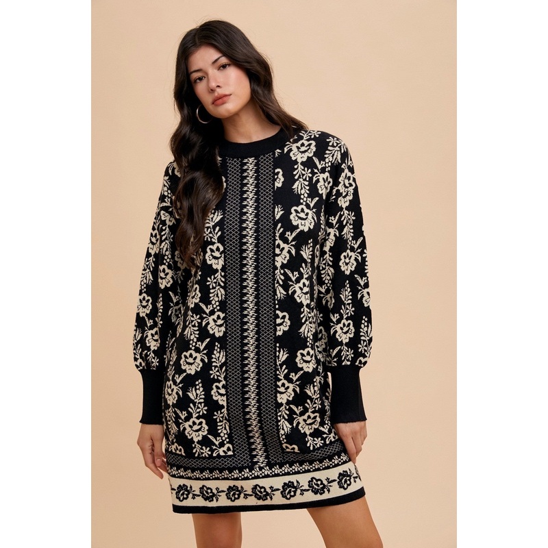Floral Jacquard Round Neck Sweater Dress