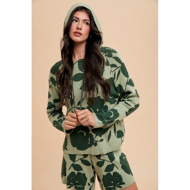 Flower Pattern Drawstring Hooded Top and Shorts Sweater Set