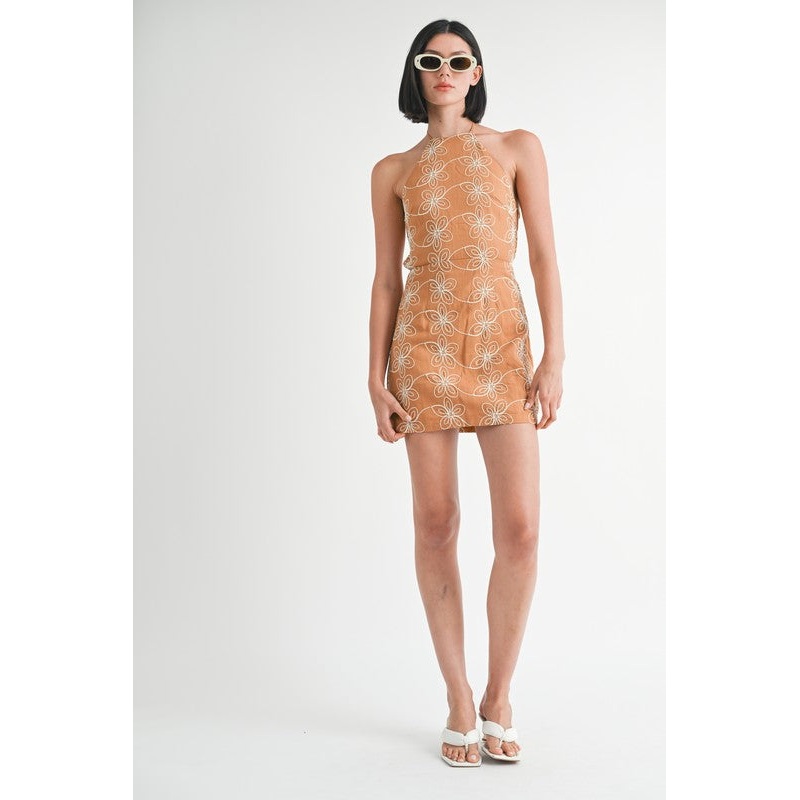 HALTER NECK PRINTED MINI DRESS WITH BACK TIE