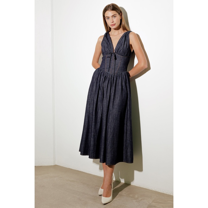 RUSTIC DREAM WOVEN MIDI DRESS|DARK DENIM|S|M|L