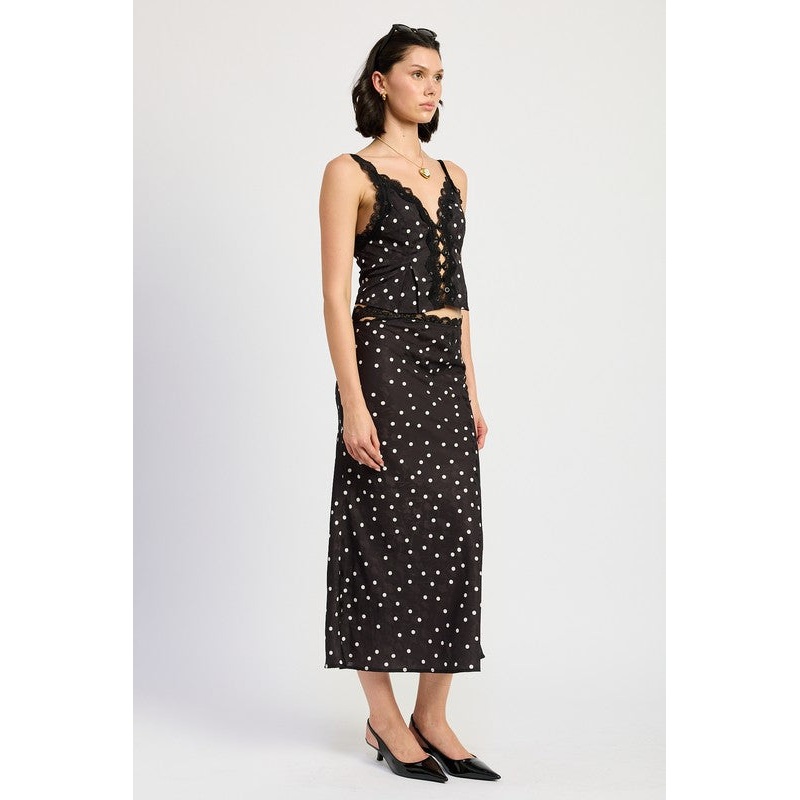 SATIN MIDI SKIRT WITH LACE TRIM