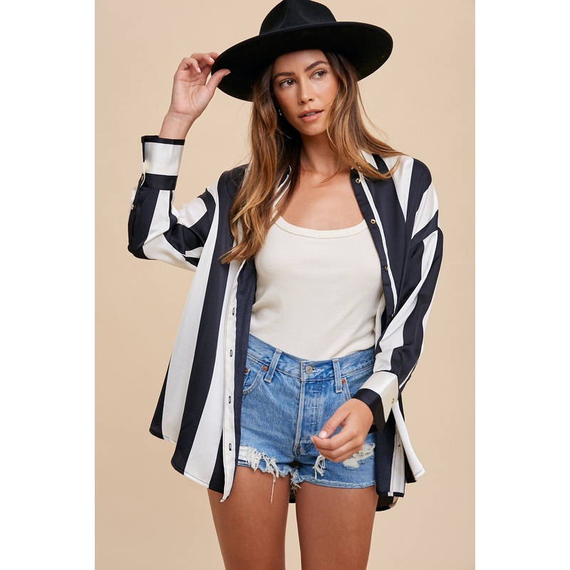 Striped Dropped Shoulder Button Up Shirt