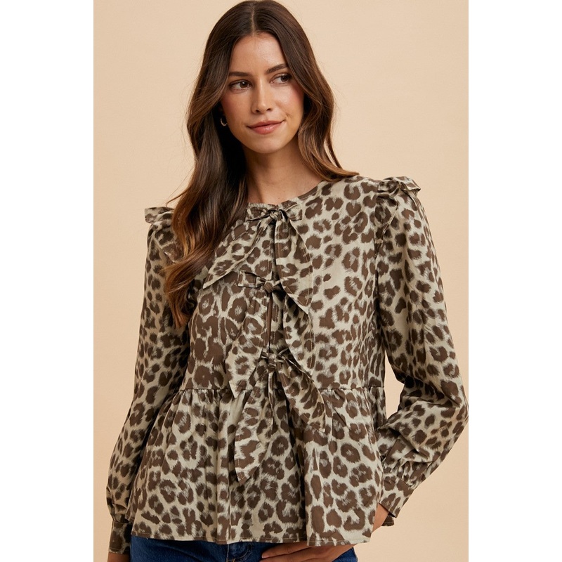 Tied Leopard Round Neck Peplum Blouse