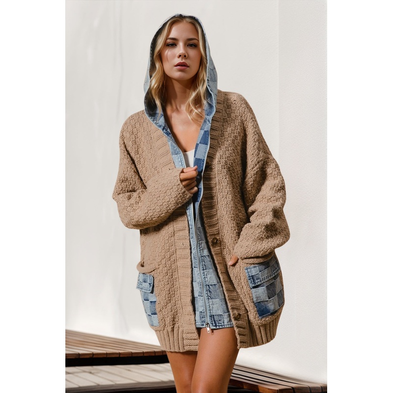 Hooded Denim Spliced Sweater Cardigan