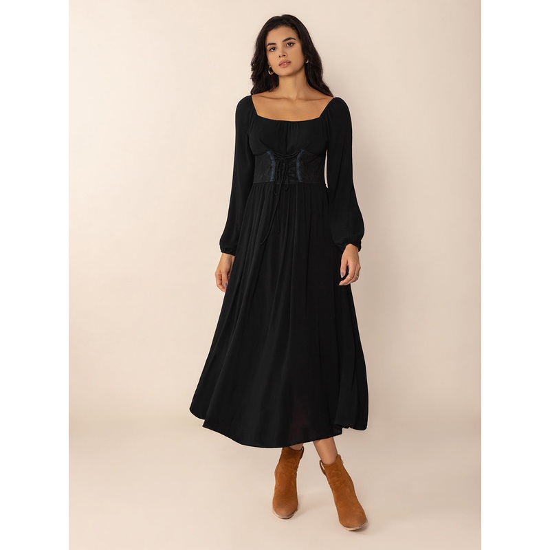 Lace-Up Square Neck Long Sleeve Midi Dress