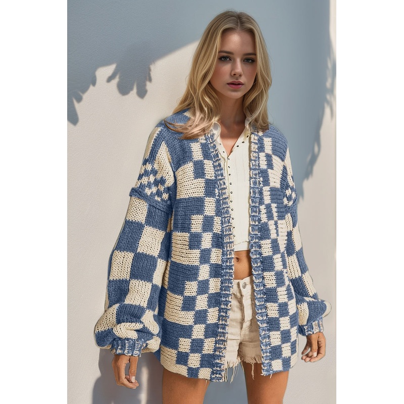 Open Front Checkered Drop Shoulder Cardigan