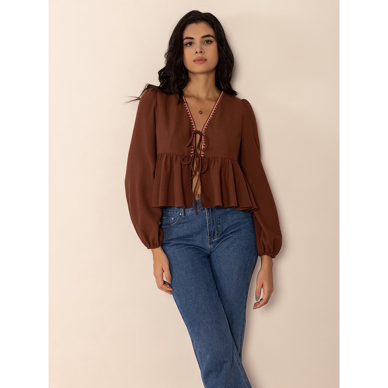 Peplum Tied V-Neck Long Sleeve Blouse