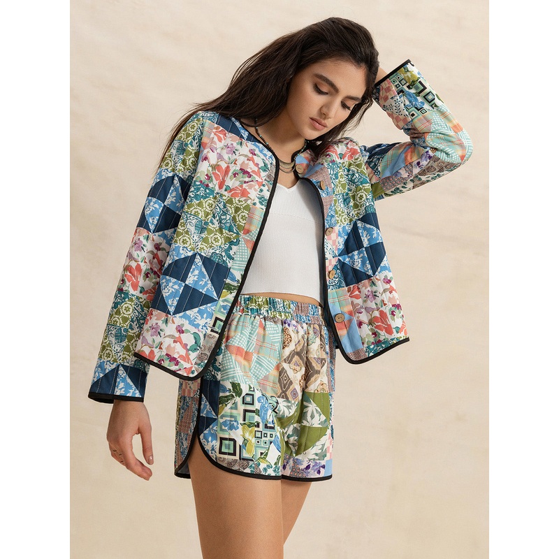 Printed Button Up Long Sleeve Outerwear and Shorts Set