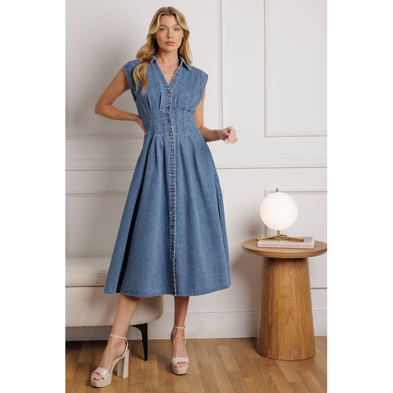 ROSES OF LOVE DENIM MIDI DRESS