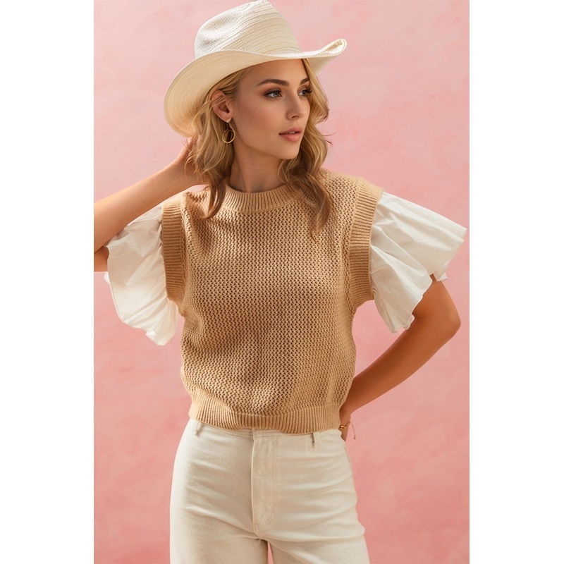 Ruffled Round Neck Short Sleeve Sweater