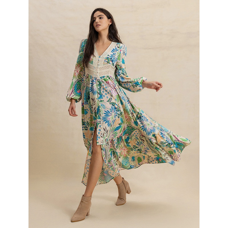 Slit Printed V-Neck Long Sleeve Midi Dress