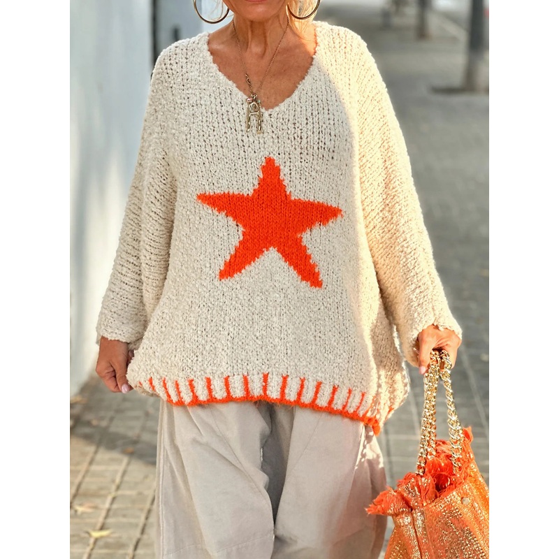 Star V-Neck Long Sleeve Oversize Sweater