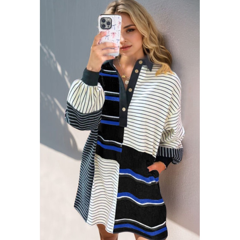 Striped Half Button Long Sleeve Mini Dress