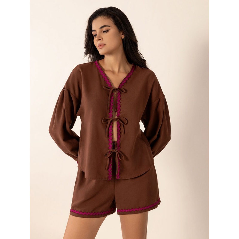 Tied V-Neck Long Sleeve Top and Shorts Set