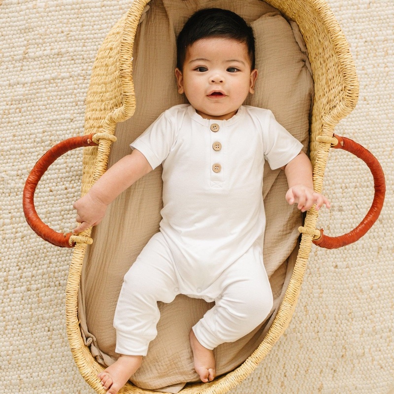 Bamboo Henley Romper|0-3 months|3-6 months|6-12 months|12-18 months|18-24 months|White|Heathered Gray|Black|Olive|Purple