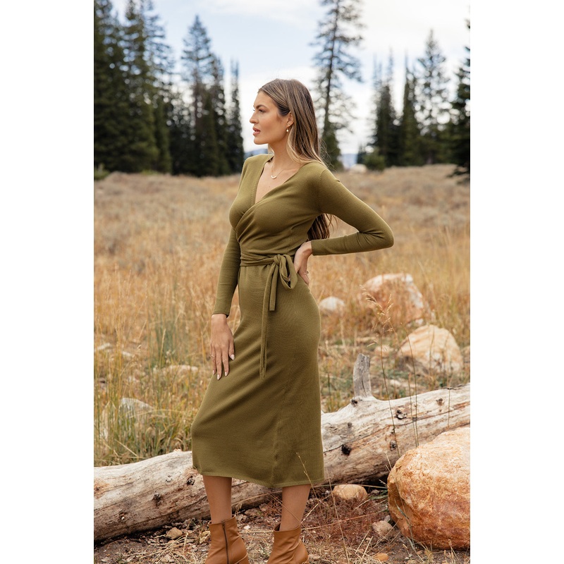 Brandi Wrap Sweater Dress|OliveDrab|Black|S|M|L|XL
