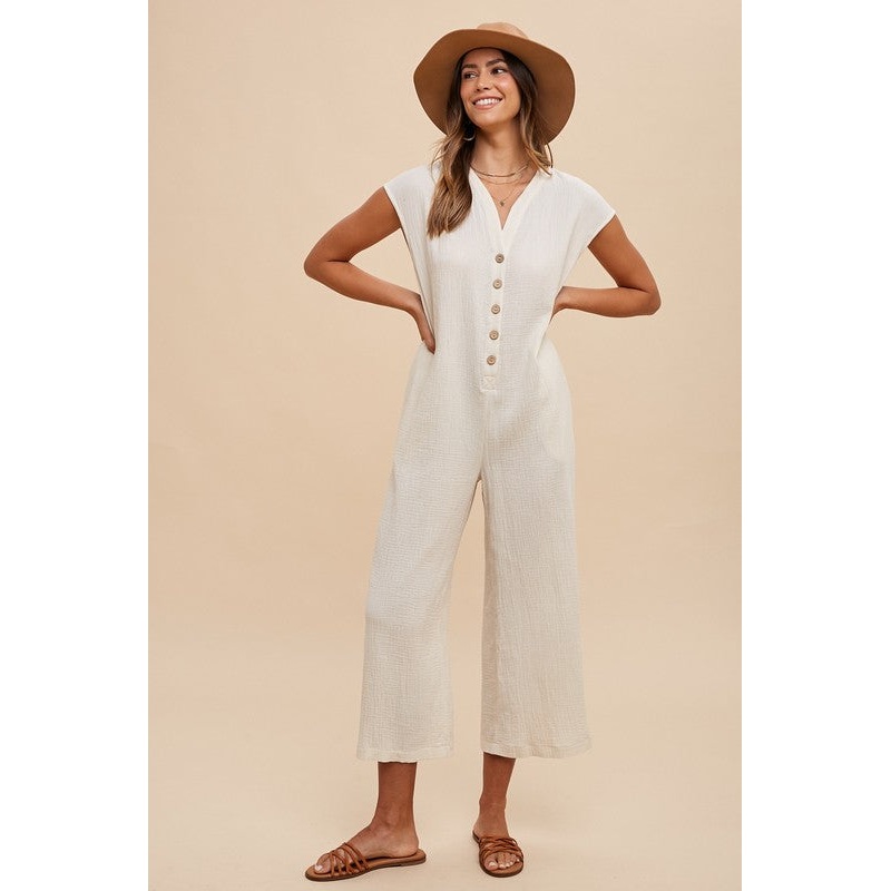 Button Detail Wide Leg Jumpsuit with Pockets