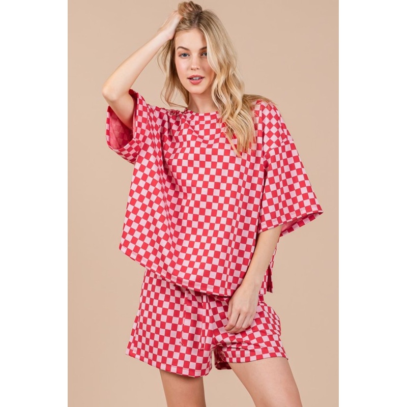 Checkered Round Neck Top and Shorts Set