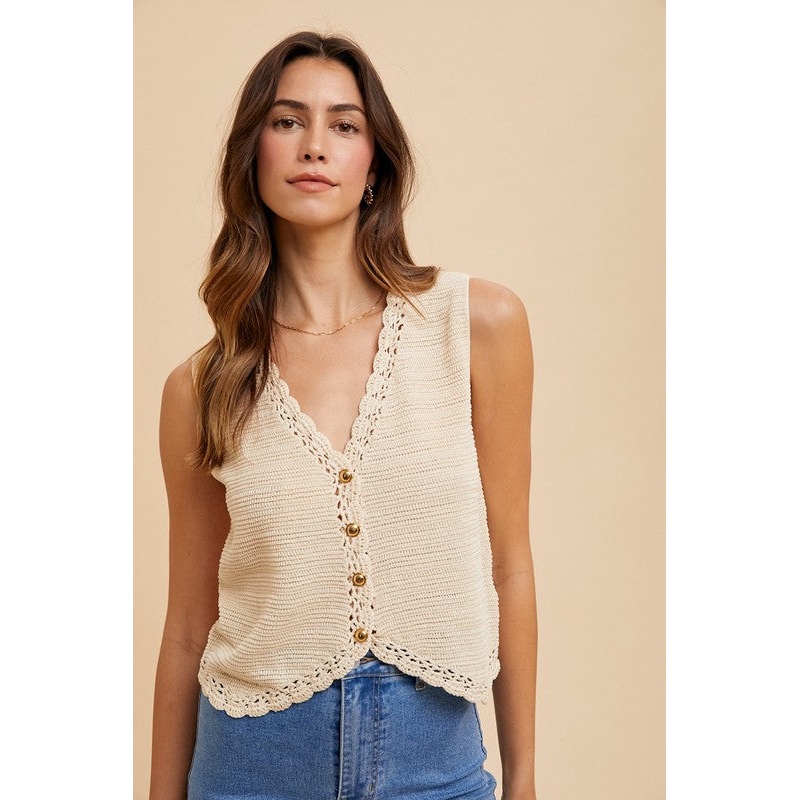 Crochet Trim Button Down Sweater Vest