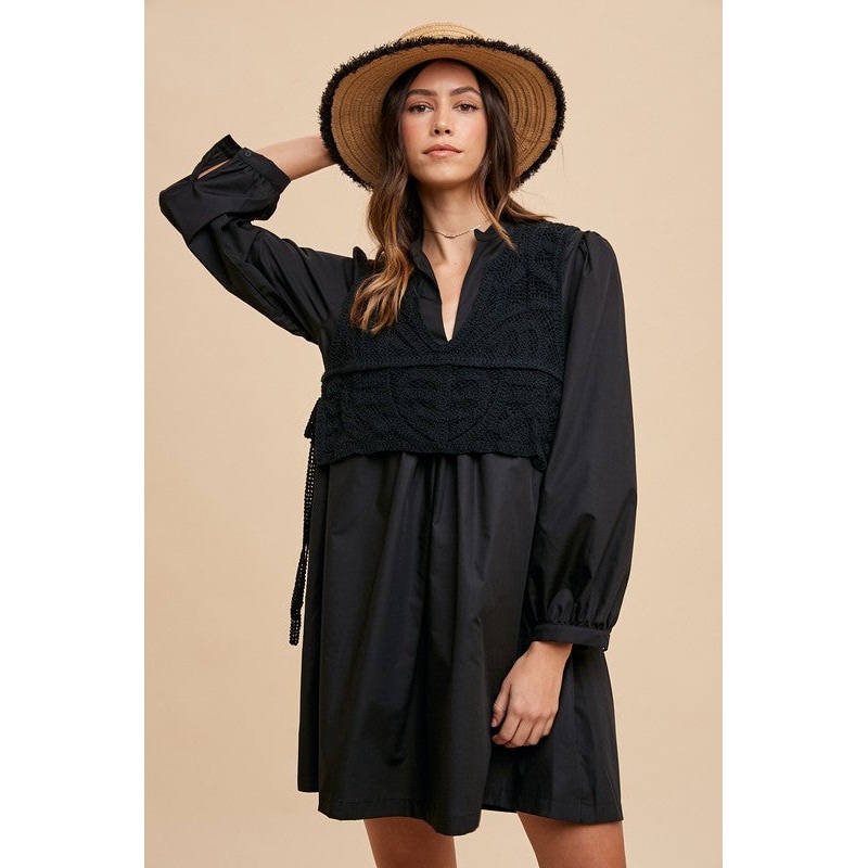 Crochet Vest Notched Long Sleeve Shirt Dress