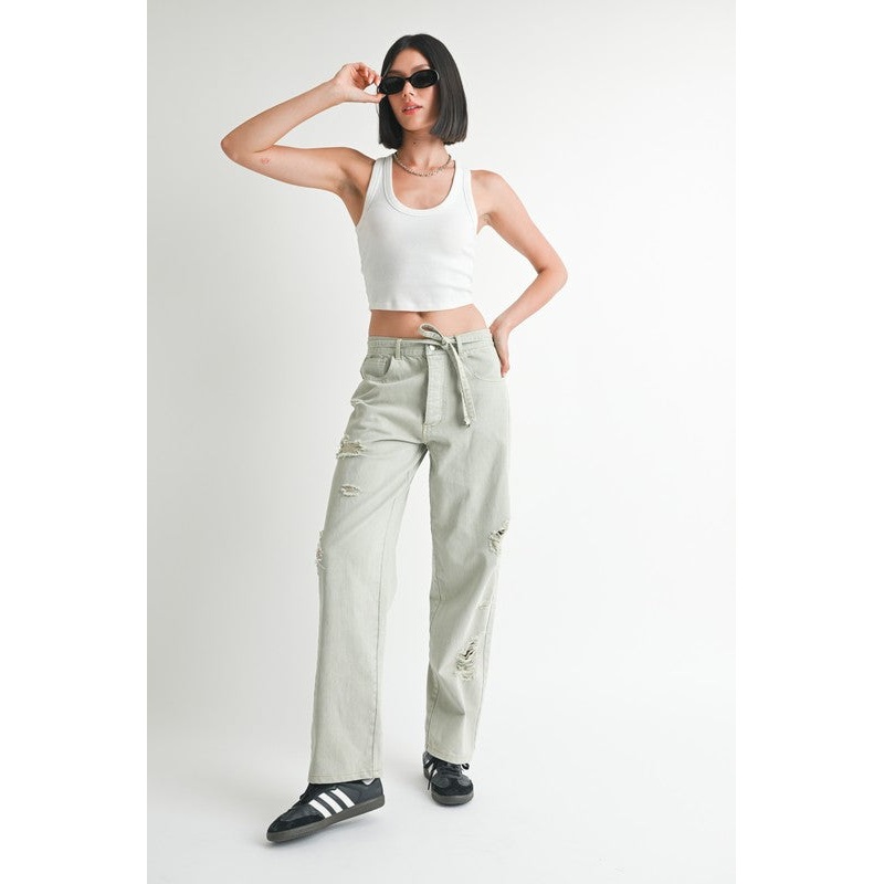 DISTRESSED WIDE LEG PANTS|WASHED DENIM|S|M|L