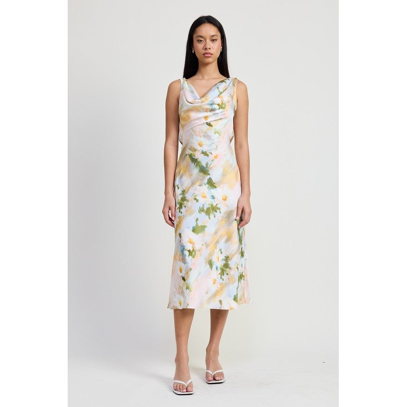 FLORAL MIDI COWL NECK DRESS|YELLOW FLORAL|S|M|L