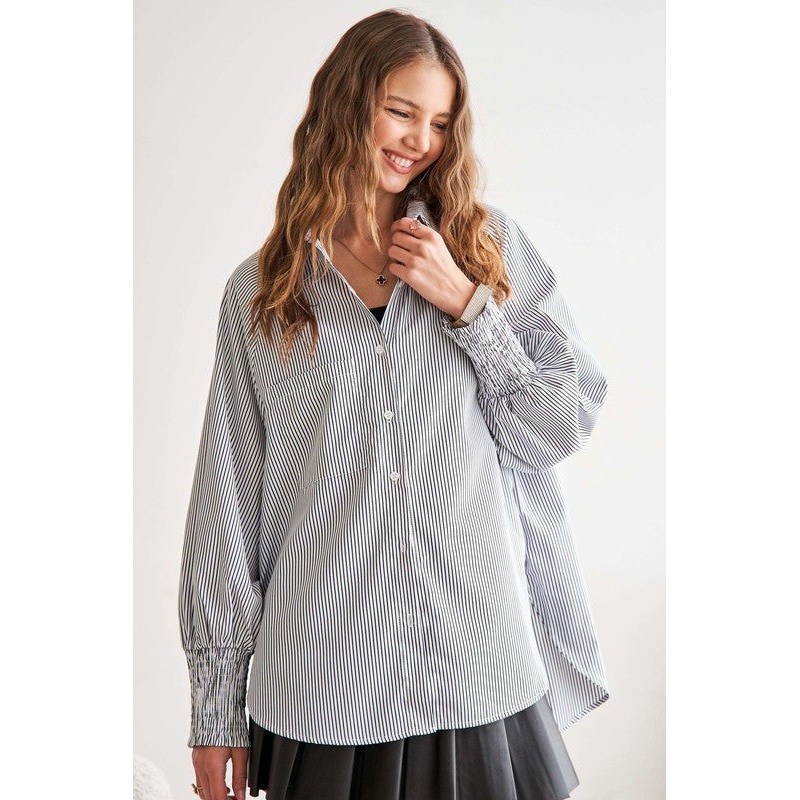 High-Low Striped Button Down Smocked Lantern Sleeve Shirt