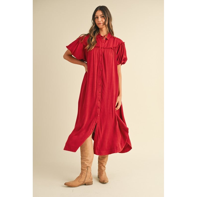 Mineral Washed Button Down Puff Sleeve Shirt Dress