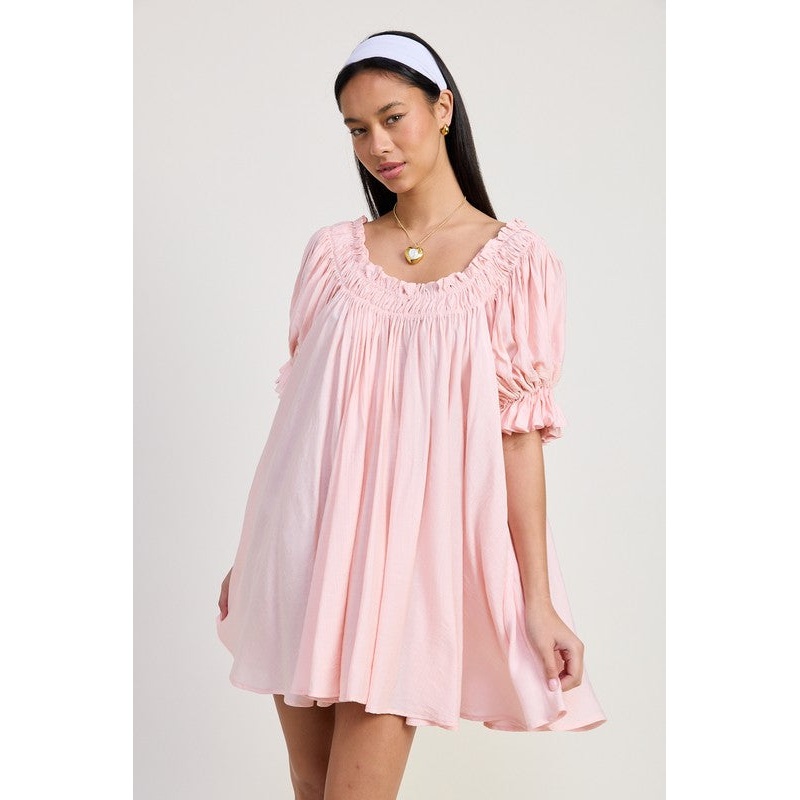 MINI EMBROIDERY SHORT PUFF SLEEVE DRESS