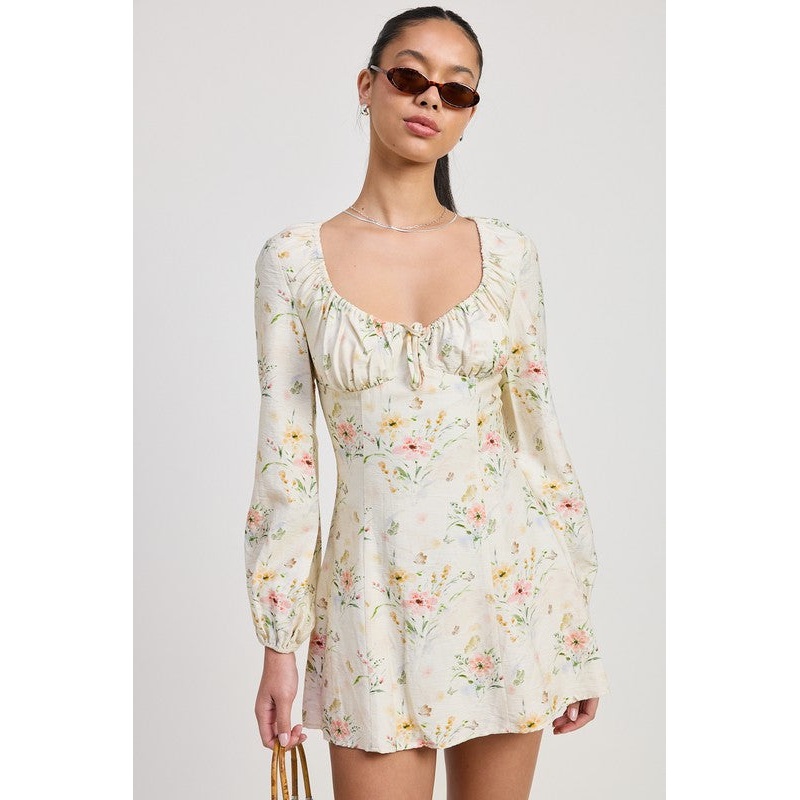 MINI LONG SLEEVE FLORAL DRESS|LT YELLOW FLORAL|S|M|L