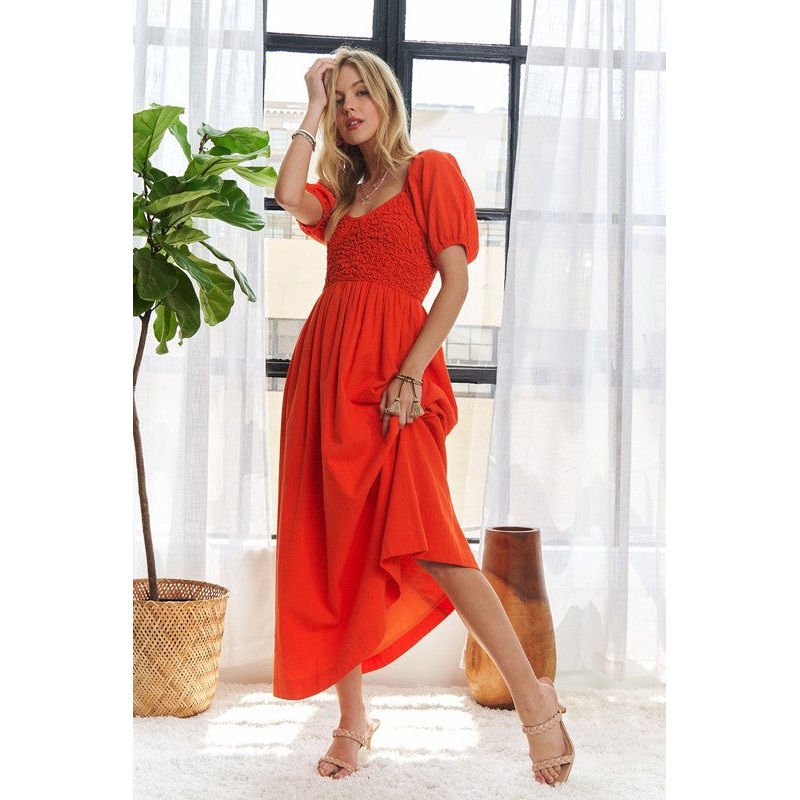 Popcorn Smocked Puff Sleeve Dress