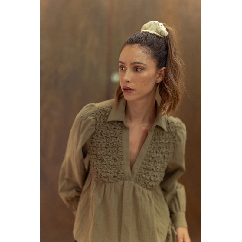 Smocked Front Long Sleeve Babydoll Blouse