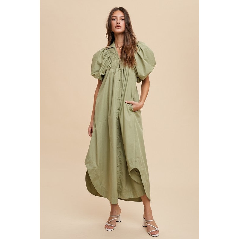 Smocked Puff Sleeve Midi Dress