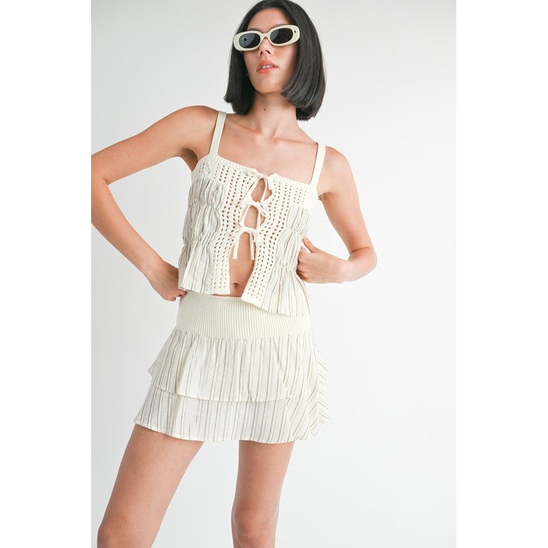 SQUARED NECK MIXED KNIT TOP|IVORY STRIPE|S|M|L