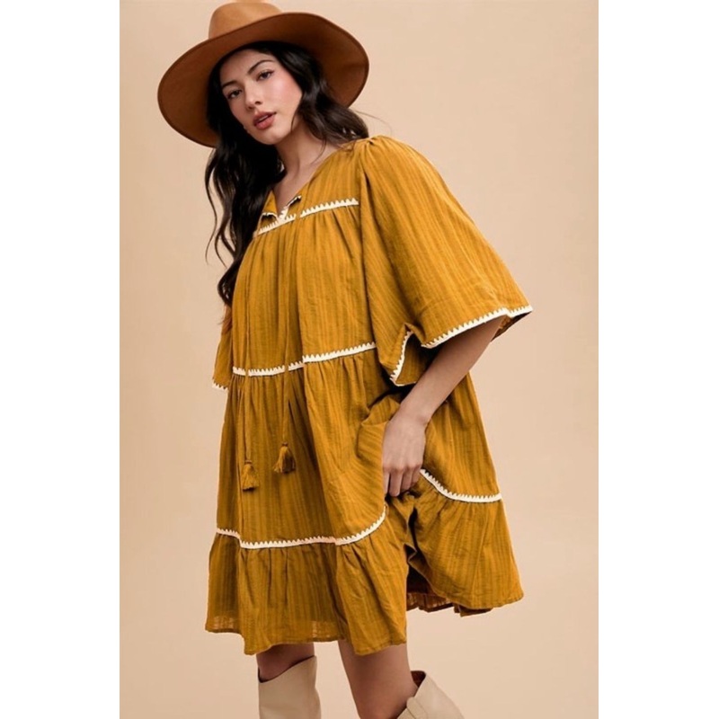 Tassel Contrast Trim Tie Neck Half Sleeve Tiered Dress