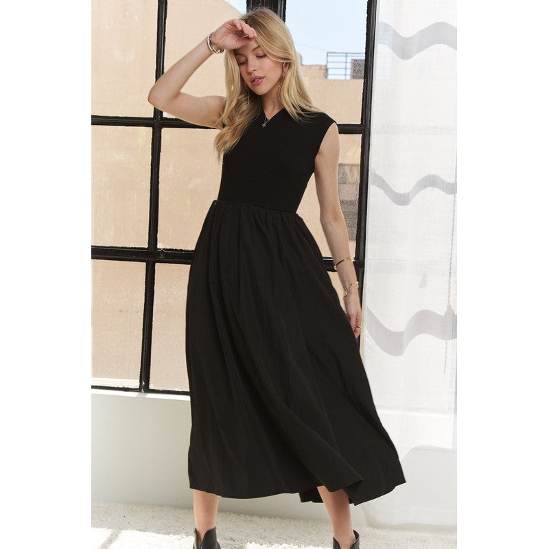 V-Neck Cap Sleeve Dress|Black|S|M|L