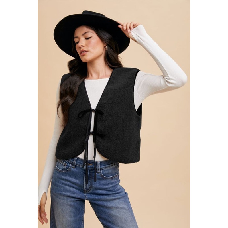 V-Neck Tie Detail Vest Coat|Black|S|M|L|XL