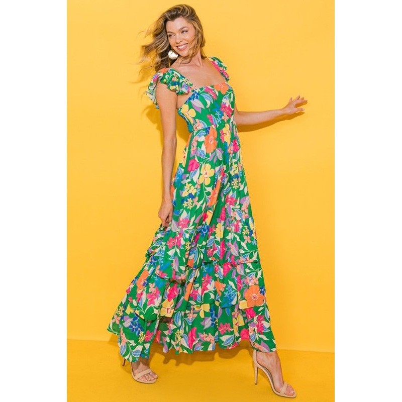 Women Print Sleeveless Ruffle Tiered Maxi Dress