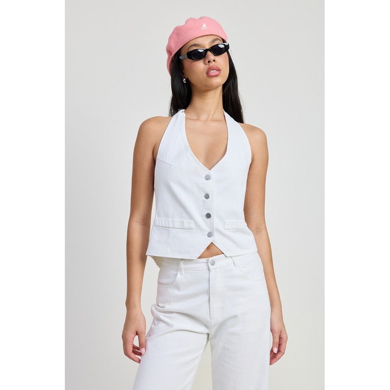 BUTTON UP HALTER NECK TOP|VINTAGE BLUE|WHITE|S|M|L