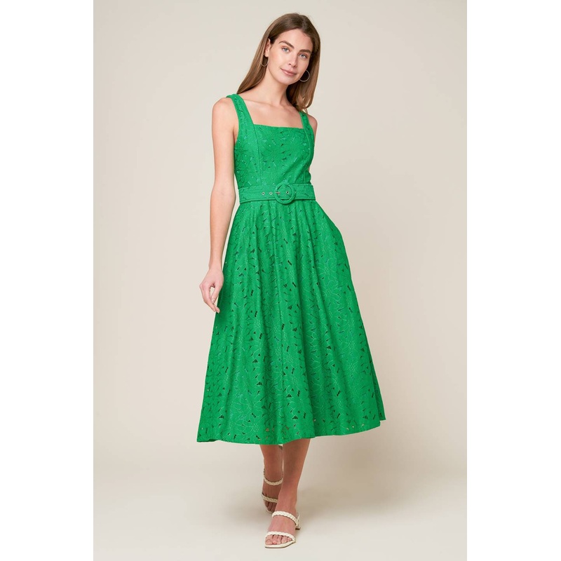 DAFFODILS & DAYDREAMS WOVEN LACE MIDI DRESS