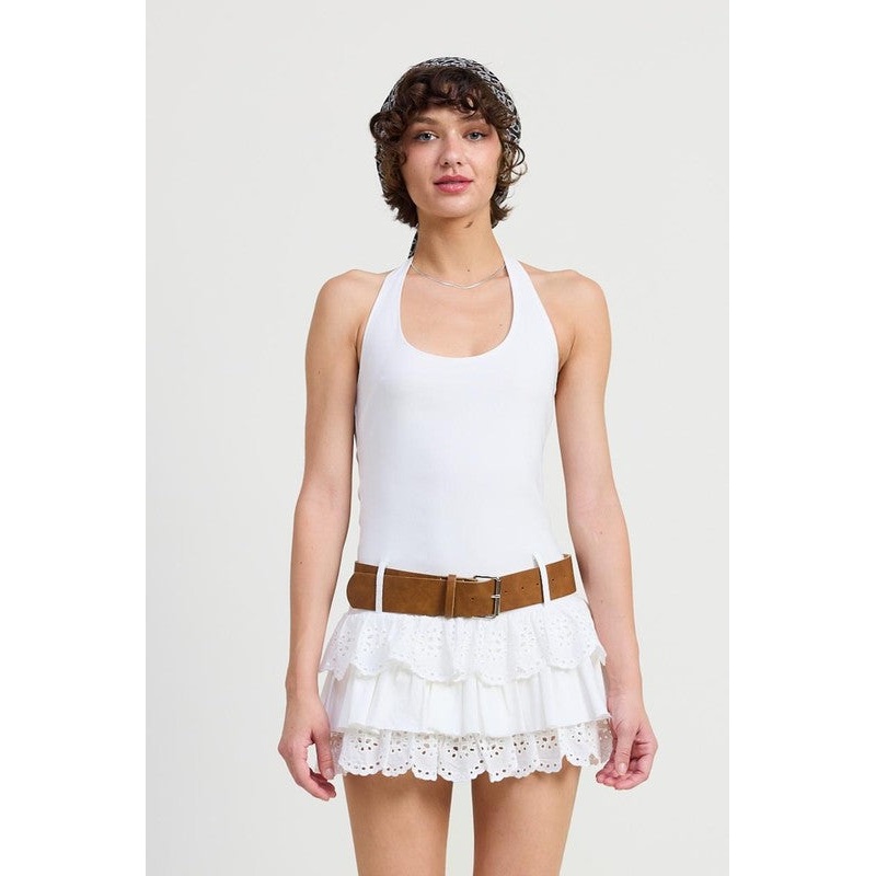 MINI BELTED TIERED EYELET HALTER DRESS