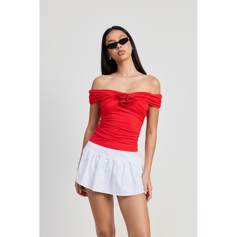OFF SHOULDER ROSETTE TOP|OFF WHITE|RED|S|M|L